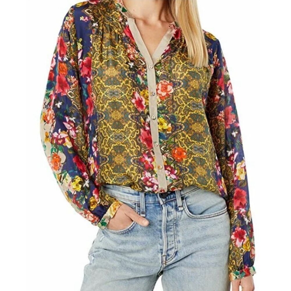 Johnny Was Floral Rosey Tate Silk Button Down Blouse Size S